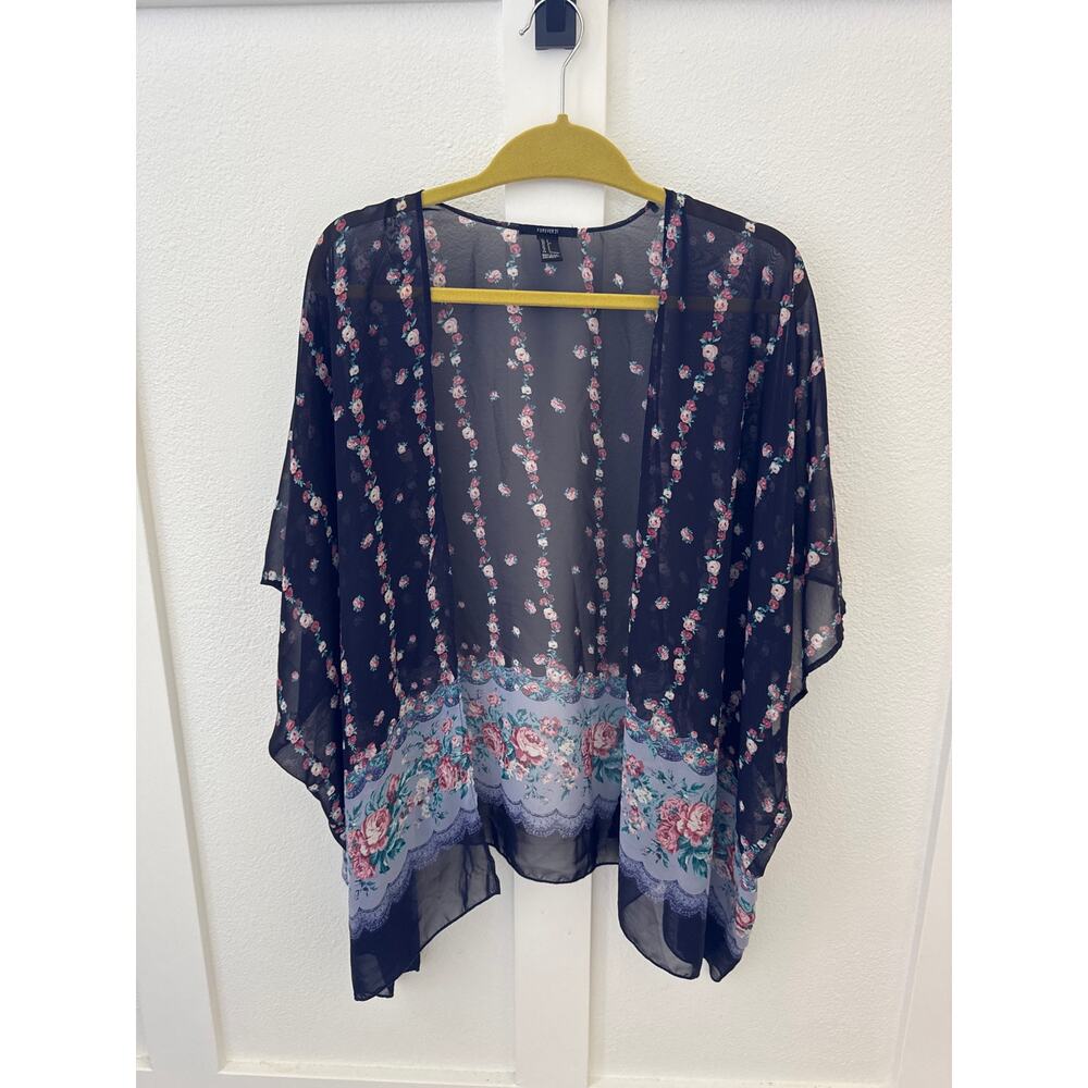 Forever 21 Boho Women's Floral Kimono Open Front Navy Blue, Size S